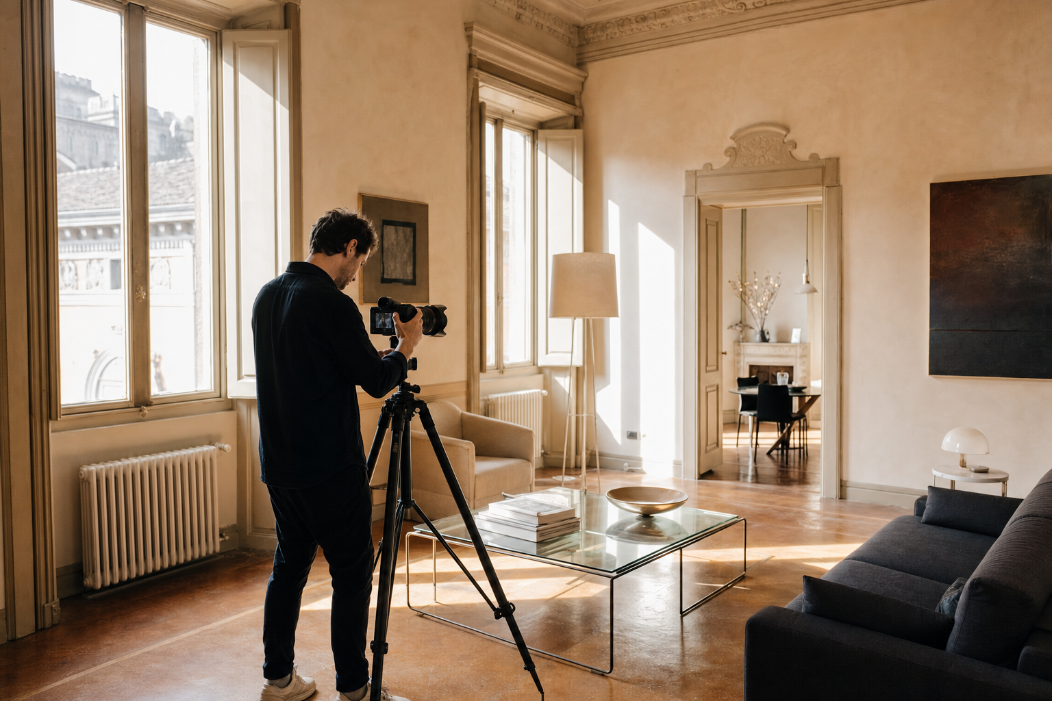 Fotografa al lavoro con treppiede e grandangolo in un appartamento elegante