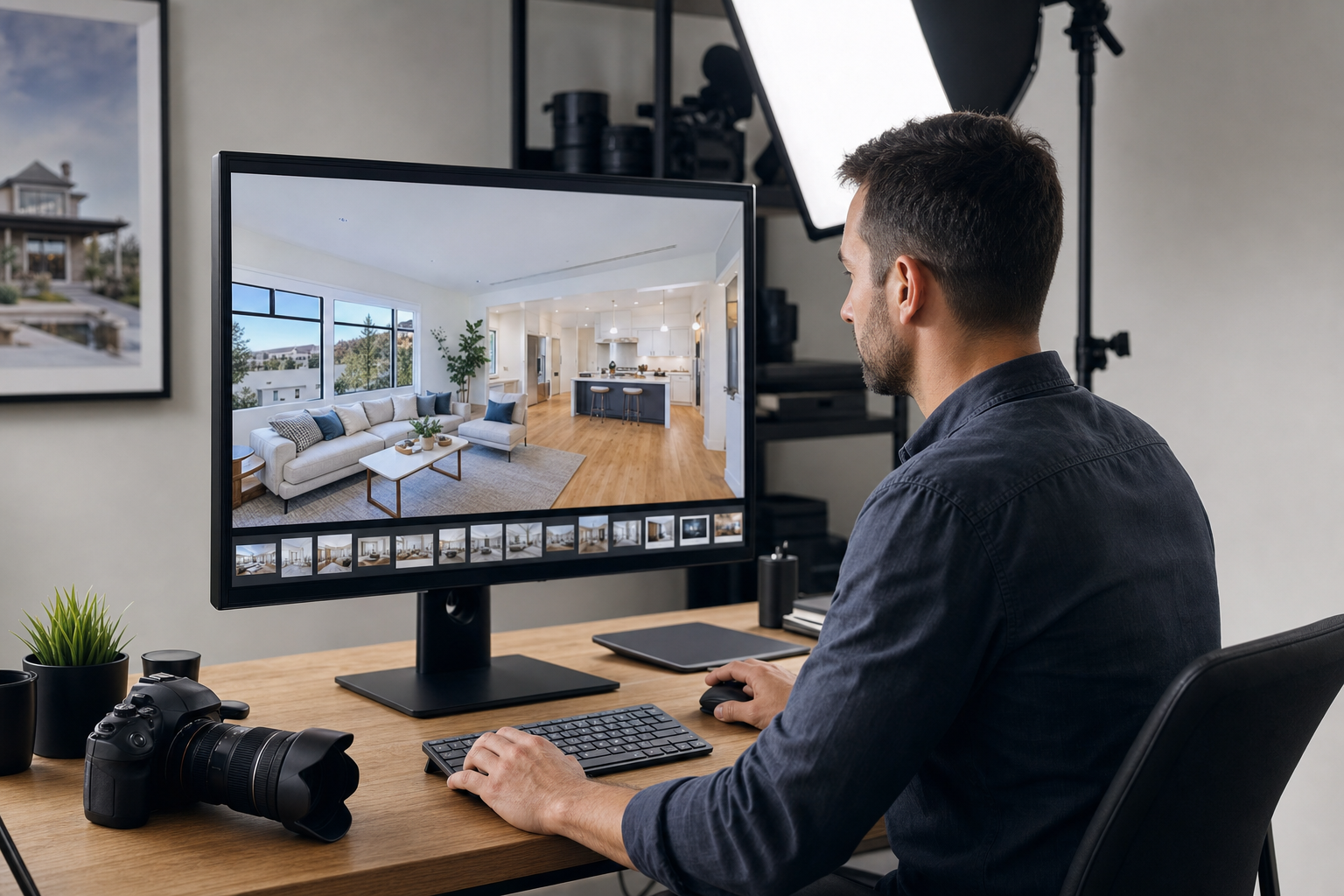 Sara Bassi al lavoro in post-produzione su un monitor professionale con una foto immobiliare grandangolare