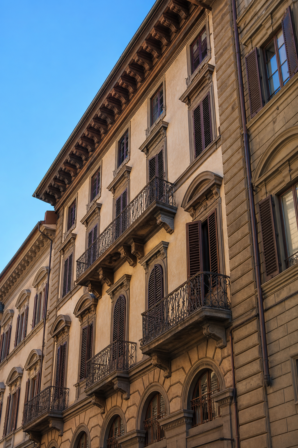 Facciata storica di un palazzo fiorentino fotografata dal basso