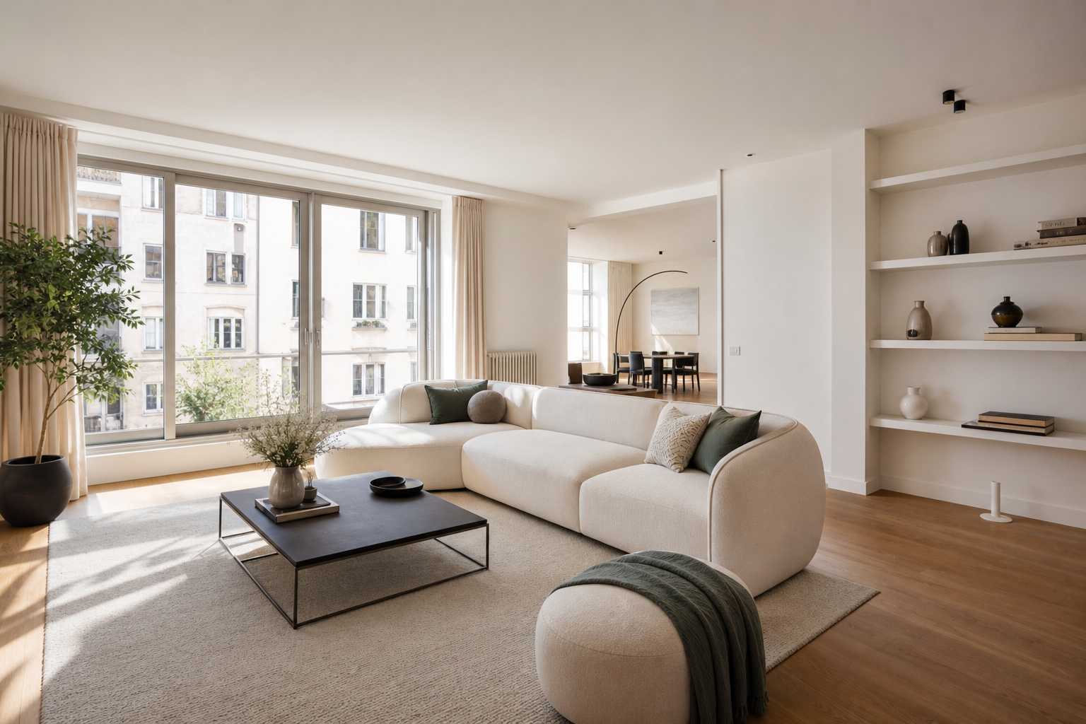 Soggiorno moderno luminoso fotografato con grandangolo per annuncio immobiliare a Firenze