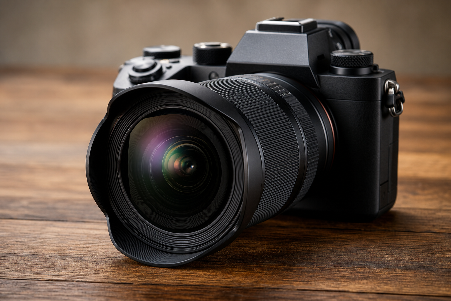 Primo piano obiettivo grandangolare su fotocamera professionale