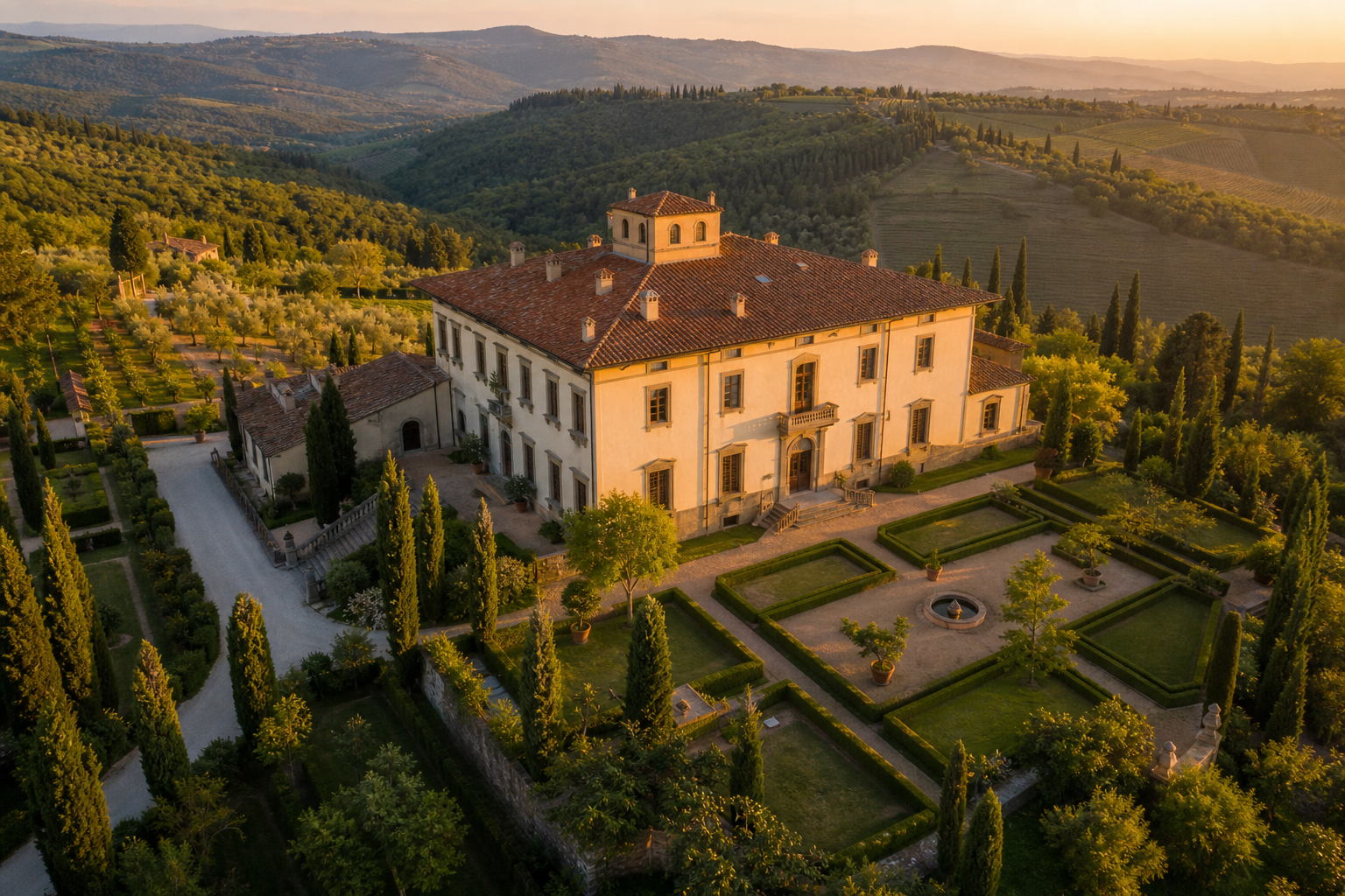 Ripresa aerea drone di una villa fiorentina con giardino